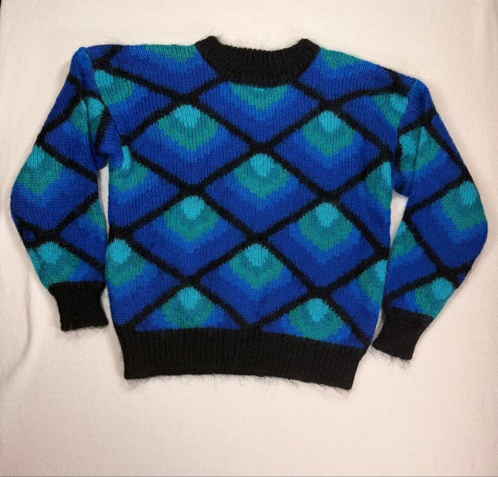 Vintage Blassport Bill Blass L Mohair Wool Geometric Diamond Sweater 80s 90s